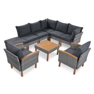 YOOCOZZ 9-Piece Rattan Patio Sectional Sofa Set with Acacia Legs and Cushions - 1 of 4