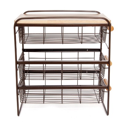 Origami Wood Top Steel Kitchen Organizer 3 Mesh Basket Sliding Drawer, Brown