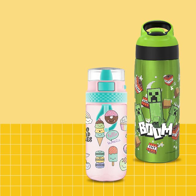 Water bottles on yellow grid layout background