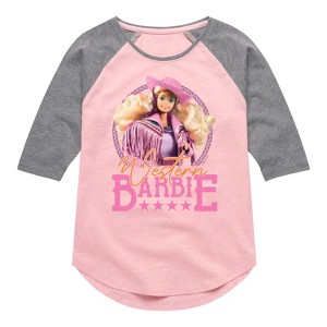 Girls' - Barbie - Western Barbie Shirt Tail Raglan Graphic T-shirt - 1 of 3