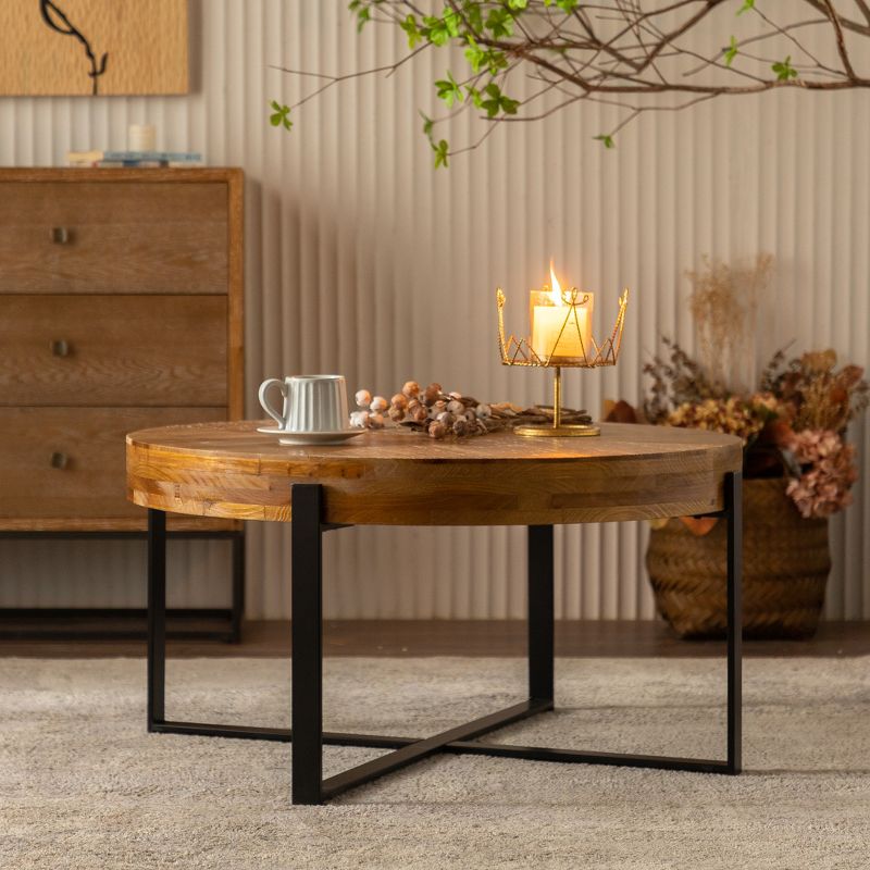33.86" Modern Retro Splicing Round Coffee Table,Fir Wood Table Top with Cross Legs Base - ModernLuxe, 1 of 11