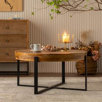 33.86" Modern Retro Splicing Round Coffee Table,Fir Wood Table Top with Cross Legs Base - ModernLuxe