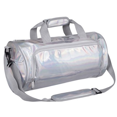 metallic silver duffle bag
