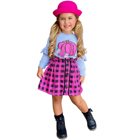 Girls Pumpkin Preppy Ruffle Top And Plaid Skirt Set - Mia Belle