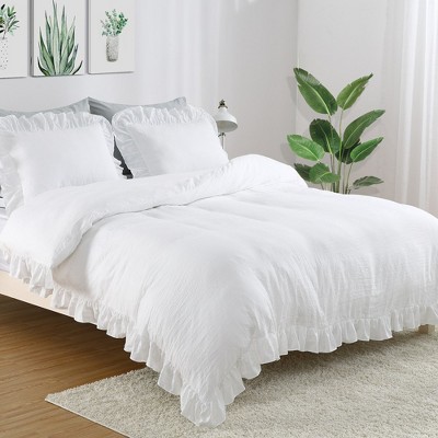 Ruffle Duvet Cover Set, Soft Washed Microfiber Vintage French Country Duvet Cover Set with Button Closure