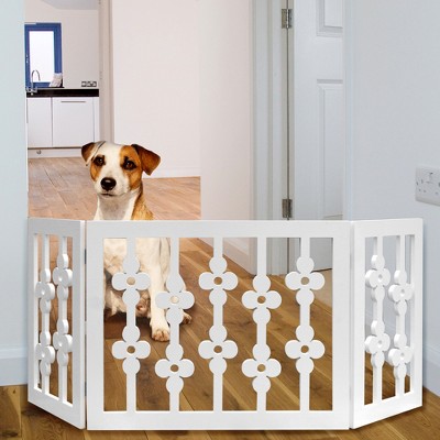 White Floral Wooden Freestanding Pet Gate for Dogs