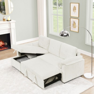 L-Shaped Modular Sleeper Sofa-Corduroy Upholstery, Space-Efficient Design, Beige