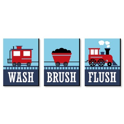 Big Dot of Happiness Railroad Party Crossing - Kids Bathroom Rules Wall Art - 7.5 x 10 inches - Set of 3 Signs - Wash, Brush, Flush