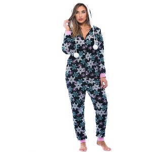 Just Love Womens One Piece Winter Holiday Adult Bodysuit Faux Shearling Lined Hoody Xmas Pajamas - 1 of 4