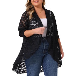 Agnes Orinda Women's Plus Size Floral Crochet Sheer Lace Cover Up Open Front Long Sleeve Casual Lightweight Cardigans - 1 of 4