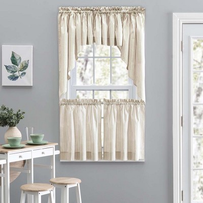 Tan Cotton Polyester Striped Rod Pocket Window Curtain
