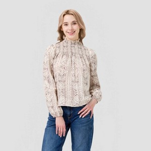 Women's Puff Long Sleeve Mock Turtleneck Smocked Blouse - A New
