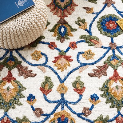 Ivory and Green Floral Hand Tufted Wool Area Rug, 8' x 10'