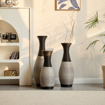 Aukfa Set of 3 Black and White Decorative Floor Vases with Metal Stands Tall PVC Vases with Artificial Vine Texture