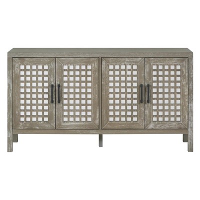 Sideboard Buffet Cabinet, Kitchen Pantry Cabinet W/2 Adjustable Shelves, 4 Doors, Closed Texture Pattern, Retro Mirror Dining Cabinet for Living Room