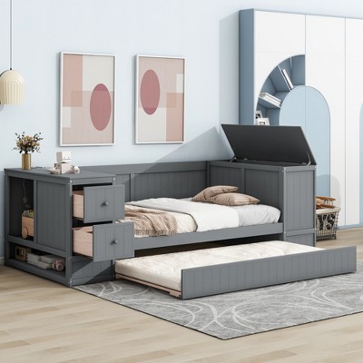 Full Size Upholstered Button Tufted Sofa Bed with Drawers and Waved Shape  Arms, Gray - ModernLuxe