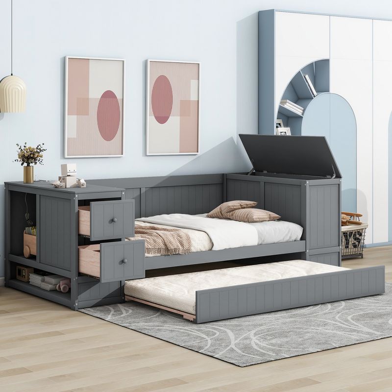 Twin Size Daybed with Storage Arms, Trundle and Charging Station - ModernLuxe, 1 of 11