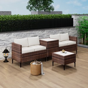 4-Piece Rattan Patio Set – Modular Sectional with Storage Box & Glass Table, Weather-Resistant for Outdoor Lounge, Balcony - 1 of 4
