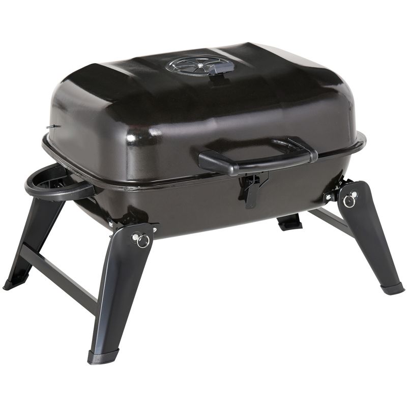 Outsunny 14" Portable Grill, Small Charcoal Grill for Outdoor Cooking, BBQ, Camping, Tailgating, Enamel Coated, Vent, Folding Legs, Black, 1 of 9