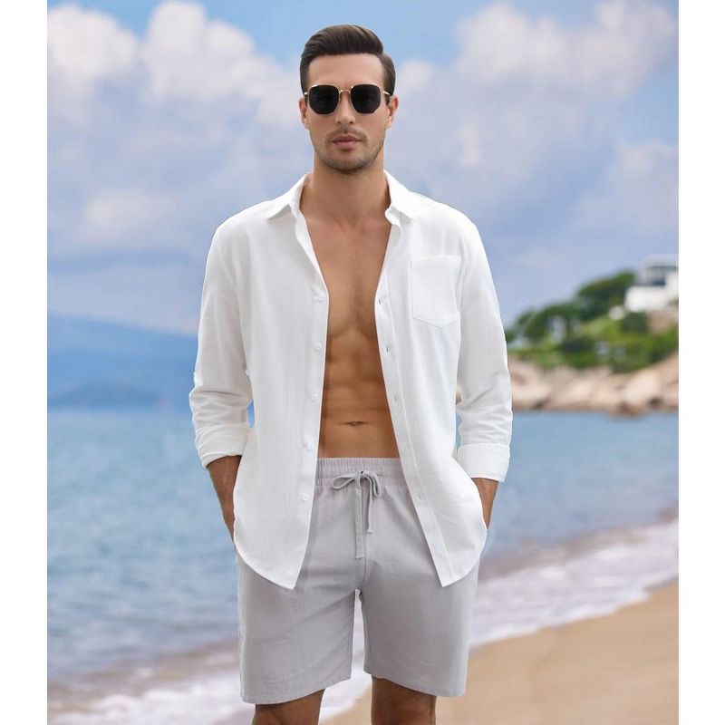 Men's Cotton Linen Sets 2 Piece Tracksuits Long Sleeve Casual Summer Beach Outfits Button Down Shirts and Shorts, 2 of 8
