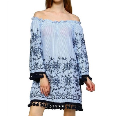Women's Embroidered Off the Shoulder Tassel Dress - Velzera