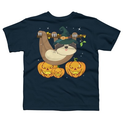 Boy's Design By Humans Funny Witch Sloth With Jack O Lantern Halloween T-Shirt By thebeardstudio T-Shirt