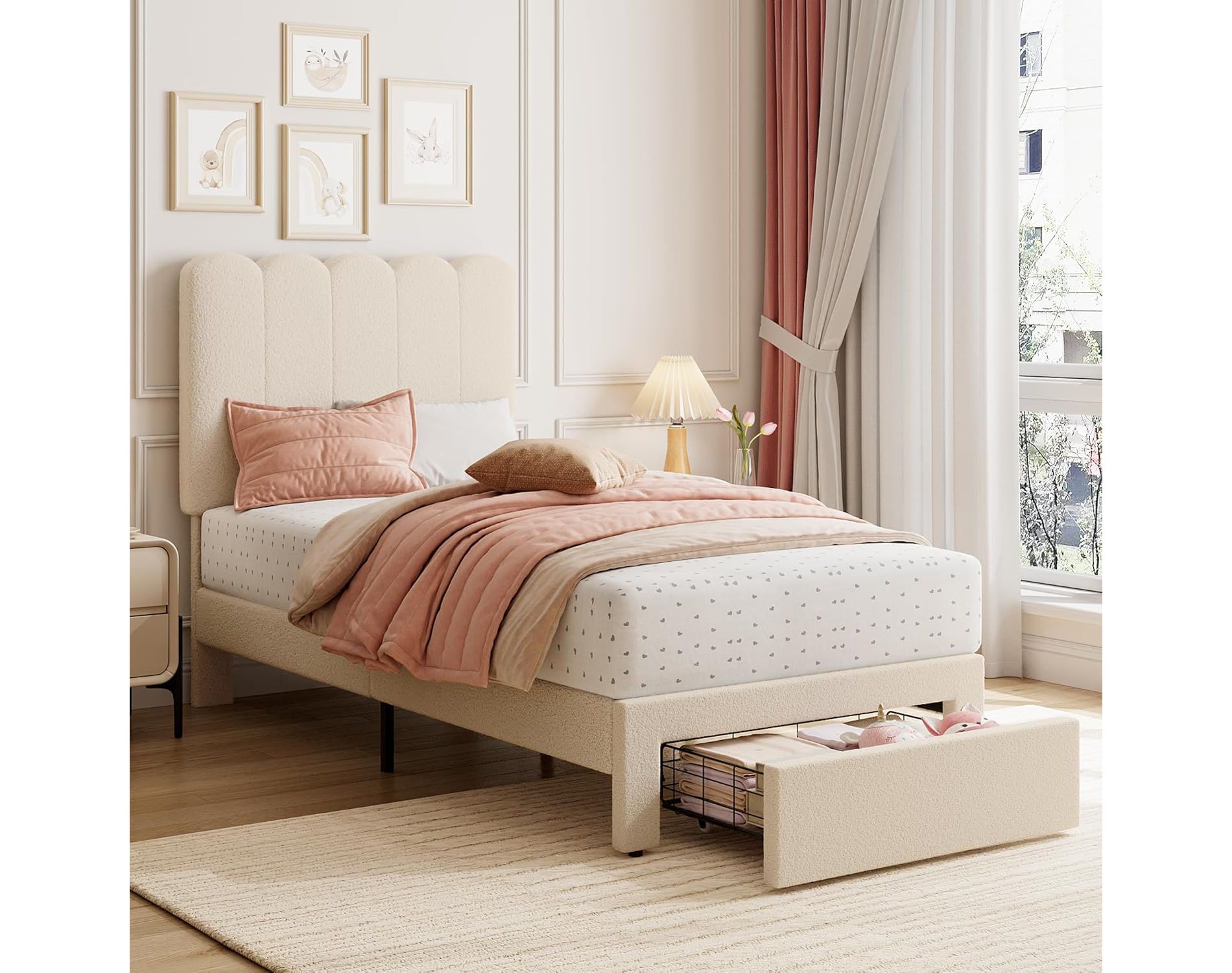 Twin Bed Frame with Storage Drawer and Headboard Boucle Upholstered Twin Platform Bed Frame for Girls Strong Wooden Slats Support Noise-Free