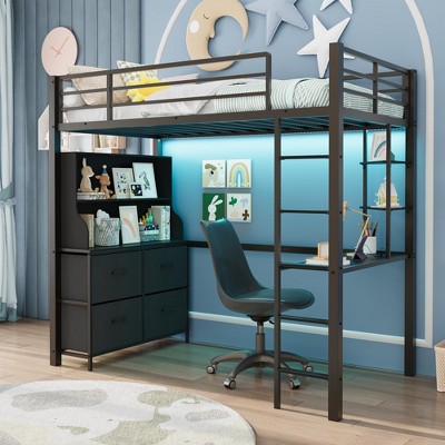 Twin Size Loft Bed with Desk, 4 Fabric Drawers, 2 Storage Shelves,Heavy-Duty Metal Frame with LED Lights, Charging Station, Safety Guardrail & Ladder