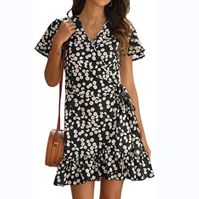 V Neck Sundress for Women A Line Wrap Dress Waist Tie Floral Mini Dress Flounce Hem Dress