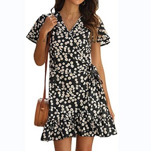 V Neck Sundress for Women A Line Wrap Dress Waist Tie Floral Mini Dress Flounce Hem Dress - 1 of 4