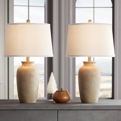 Rustic Beige Ceramic Table Lamps with Oatmeal Shades, Set of 2