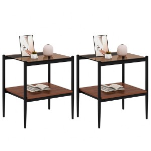 VYNXARIA Set of 2 Rectangle Brown End Table, Tempered Glass Tabletop with MDF layer, Modern Table for Living Room - 1 of 4