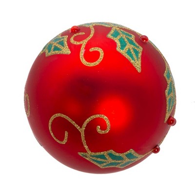 80MM Red Glass Ball Ornaments with Holly Leaves and Rhinestones, Set of 6
