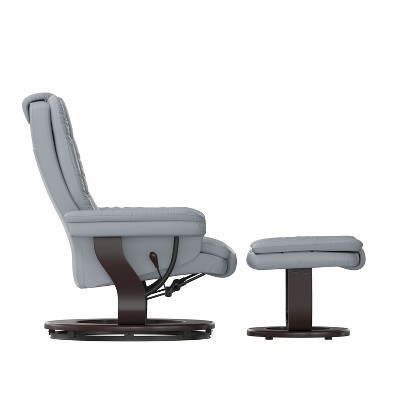 Gray Faux Leather Swivel Recliner with Ottoman and Wood Base