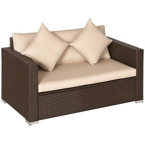 Outdoor Wicker Loveseat, Patio Furniture Couch with Cushions, 2 Seats PE Rattan Sofa, 2 Throw Pillows - 1 of 4