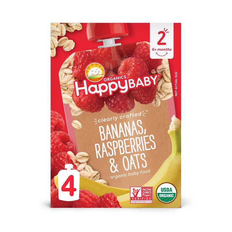 HappyBaby Clearly Crafted Bananas Raspberries & Oats Baby Food Pouch, 1 of 6