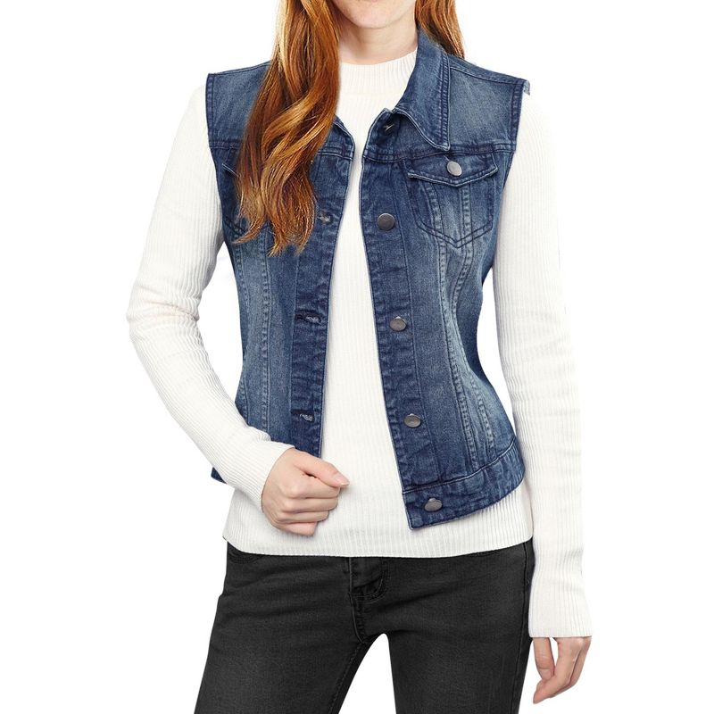 Allegra K Women's Buttoned Washed Denim Vest with Faux Chest Flap Pockets, 1 of 6