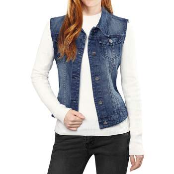 Allegra K Women's Buttoned Washed Denim Vest with Faux Chest Flap Pockets