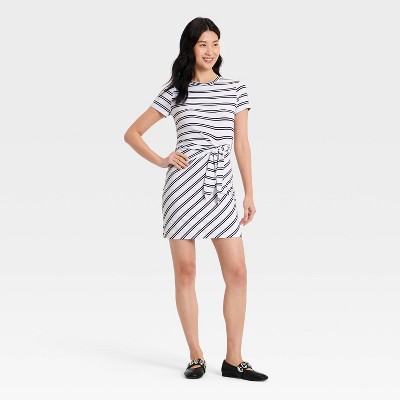 Женские платья A New Day Women's Short Sleeve Tie-Front Knit Mini Dress - A New Day™ White/Black Striped S — фото 3