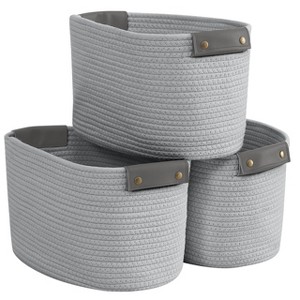 Ornavo Home 3 Pack Cotton Rope Shelf Storage Basket with Faux Leather Handles - 1 of 4