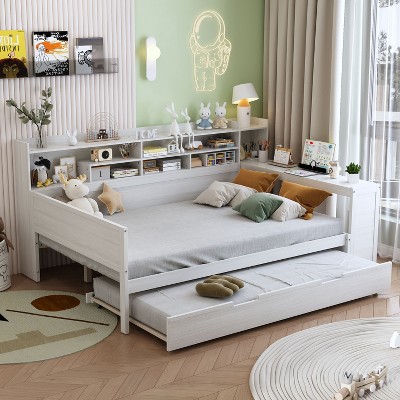 Kumasinova Versatile Twin/Full Size Daybed with Twin Size Trundle,Storage Shelves & Study Desk,Wooden Slatted Platform Bed Frame with 550lbs Max