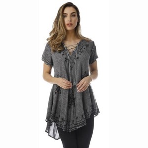 Riviera Sun Lace-Up Casual Tunic Top with Embroidery - 1 of 3