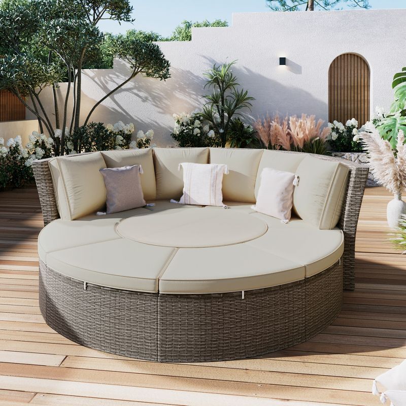 5-Piece Round Rattan Sectional Sofa Set, All-Weather PE Wicker Sunbed Daybed with Round Liftable Table and Washable Cushions 4M - ModernLuxe, 1 of 16
