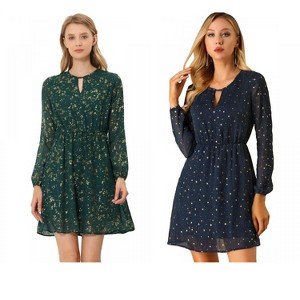 Allegra K Women's Choker V Neck Vintage Flared Gilding Metallic Shiny Star A-Line Dress 2 Packs - 1 of 4