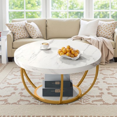 Lirago 31.69" Round Coffee Table 2 Tier Modern Wooden Cocktail Table with Metal Base for Living Room Office Sturdy and Elegant Design White