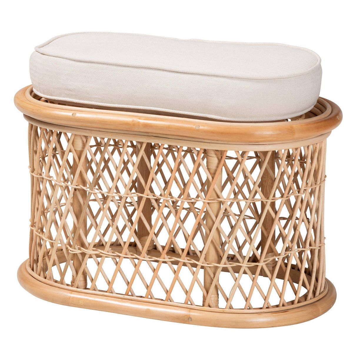bali & pari Ladonna Natural Rattan Ottoman Footstool Natural: Upholstered Indoor Bench, Oval Shape, No Assembly Required - thumbnail 2