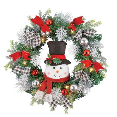 Collections Etc LED Lighted Winter Snowman Wreath with Black/White Buffalo Check Bows Green
