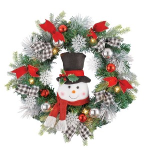 Collections Etc LED Lighted Winter Snowman Wreath with Black/White Buffalo Check Bows Green - 1 of 2
