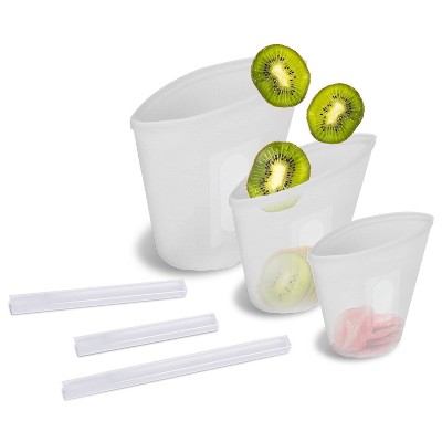 NewHome"3Pcs Reusable Silicone Food Storage Bags Leakproof, Microwave & Dishwasher Safe, Eco-Friendly"Blue White