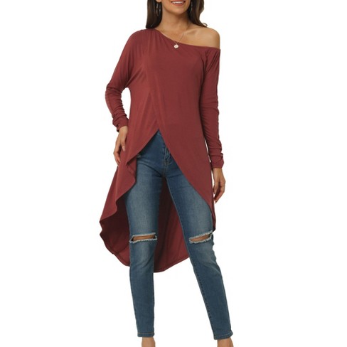 Seta T Women's One Shoulder Long Sleeve High Low Asymmetrical Hem Casual  Tunic Blouse Wine Small : Target